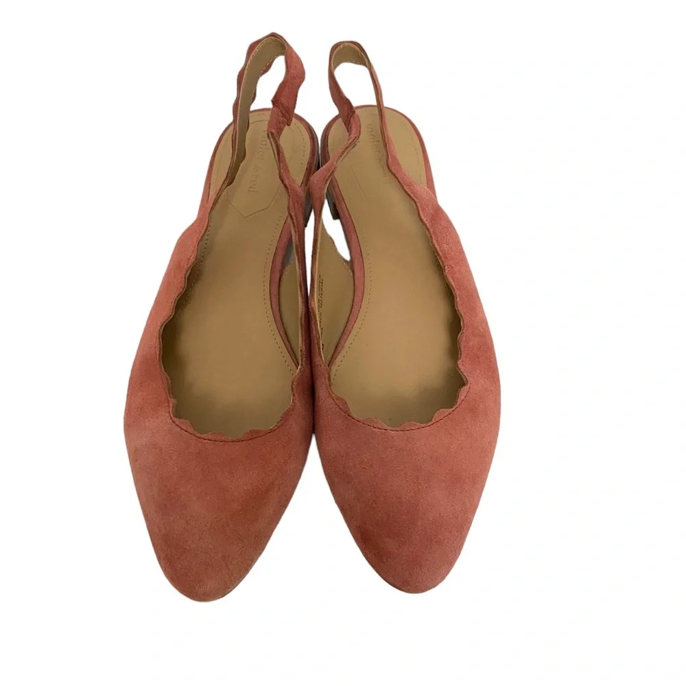 Violet & Red Fall Casual Chic Dita Suede Scalloped Sling Back Flats‎ in Coral